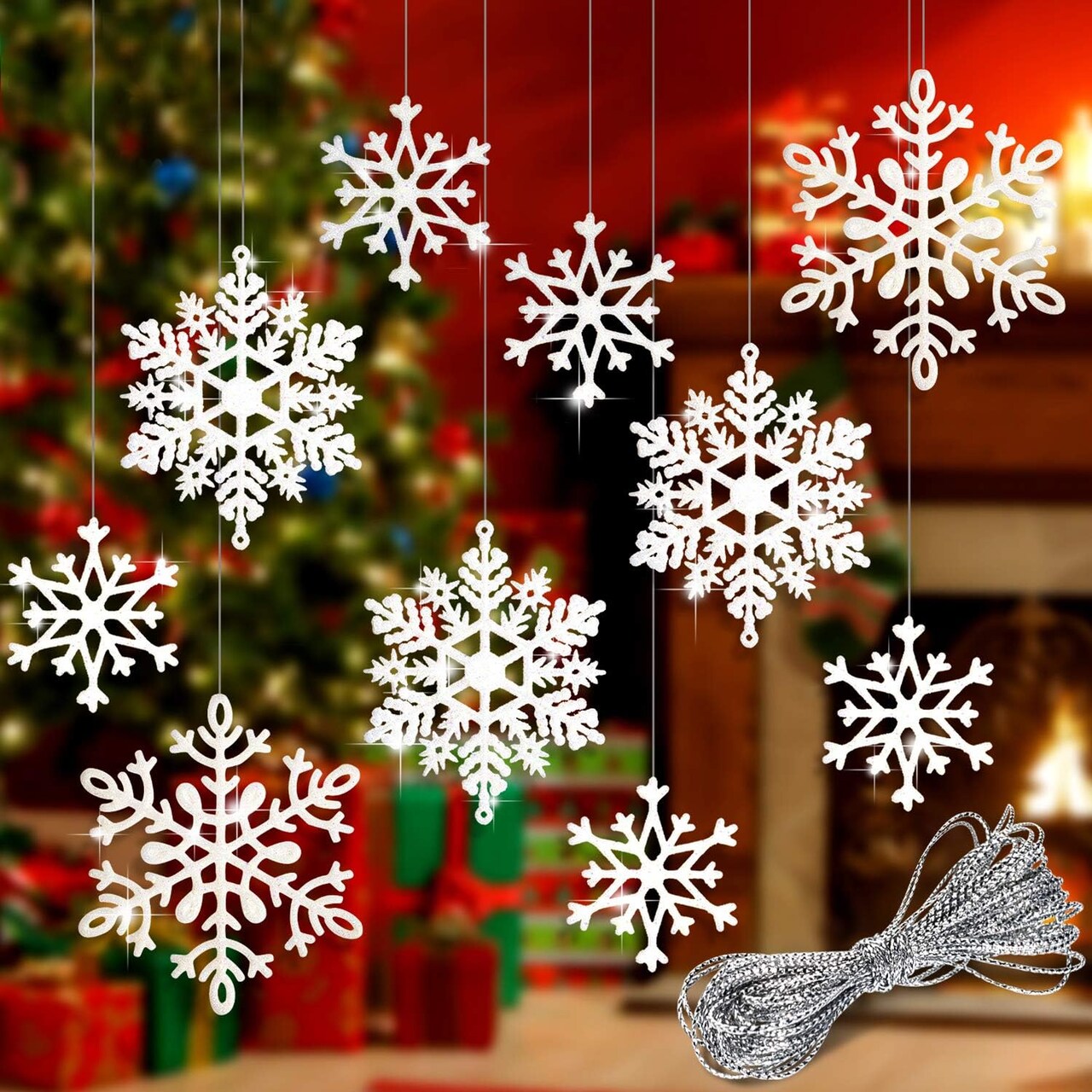 40Pcs White Glitter Snowflake Ornaments with 197 Inches Silver Rope - White